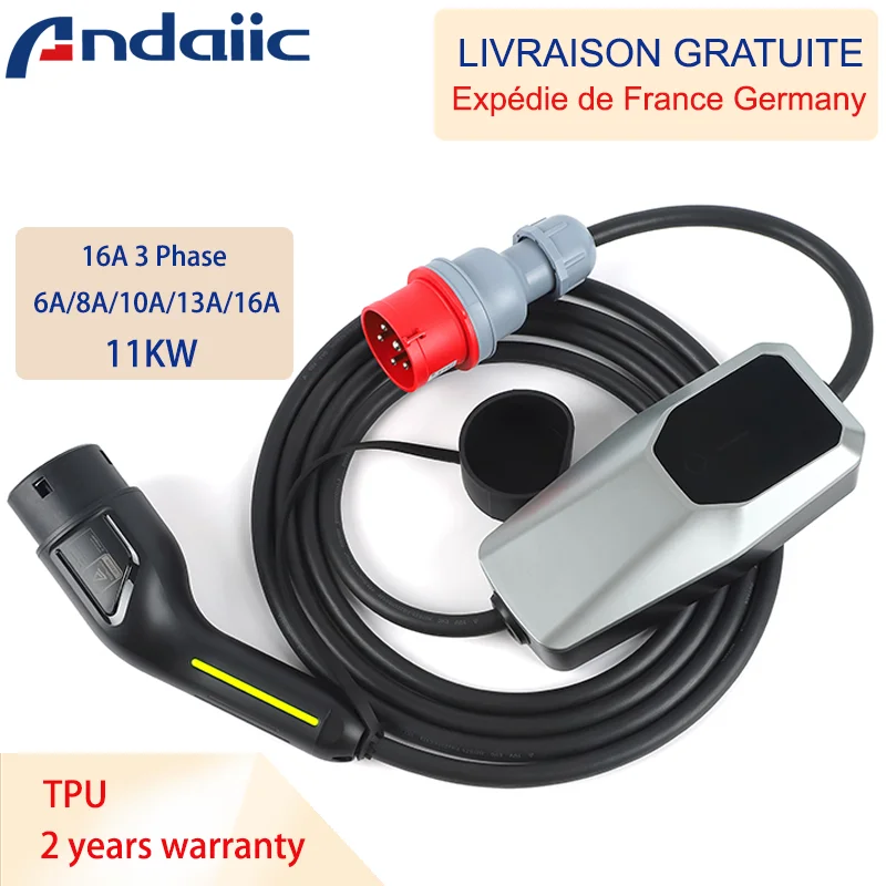 Cargador EV portátil tipo 2 para coche eléctrico, Cable de carga EVSE, 16A/32A, 1 fase, 3 fases, Modo 2