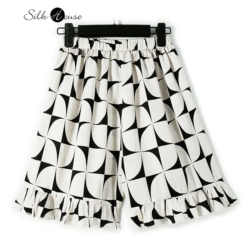 

Women's Casual Summer New 93% Natural Mulberry Silk Elastic Double Qiao Satin Elastic Waist Printed Shorts