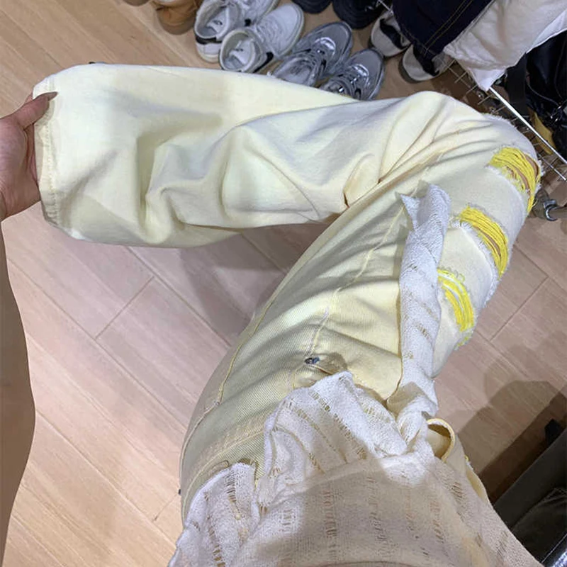 Vrouwen geel gat denim broek 2025, zomer nieuwe hoge taille rechte wijde pijpen jeans high street oversized jeans vrouwelijk
