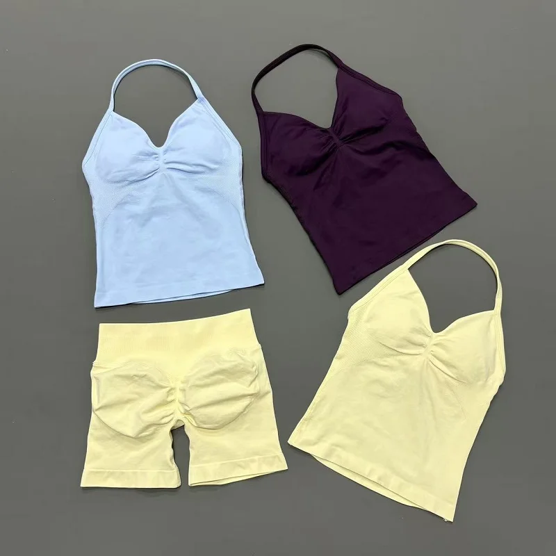 2Pcs Women Workout Set Seamless High Stretch Shorts Halter Neck Tank Top Gym Yoga Outfit For Running Jogging Weightlifting