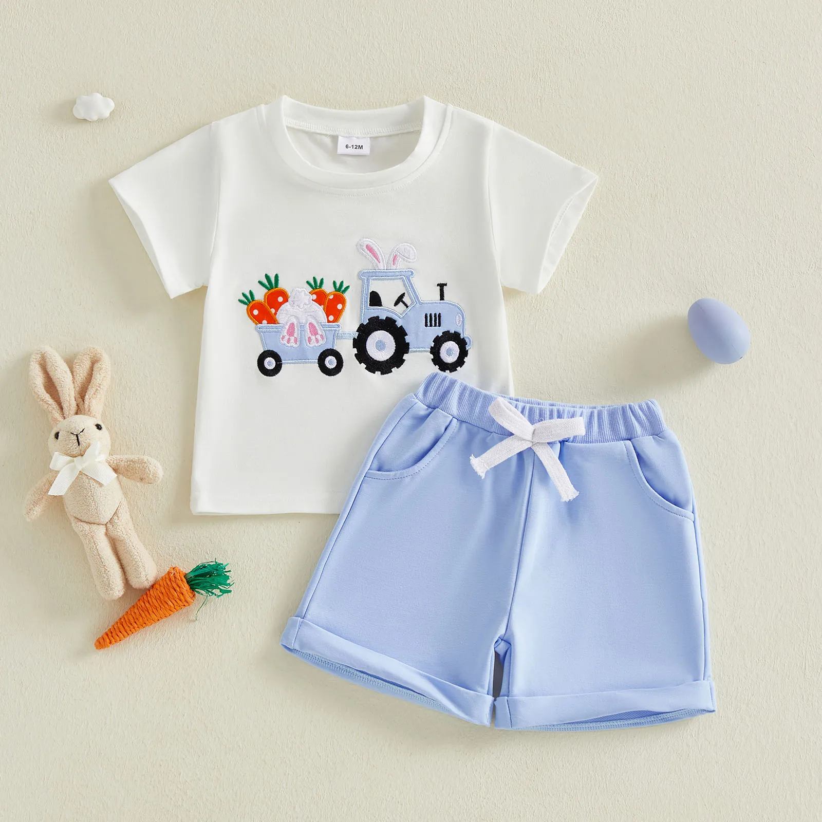 2Pcs Baby Boy Easter Outfits Short Sleeve Tractor Embroidery T-Shirt Shorts Set Toddler Clothes