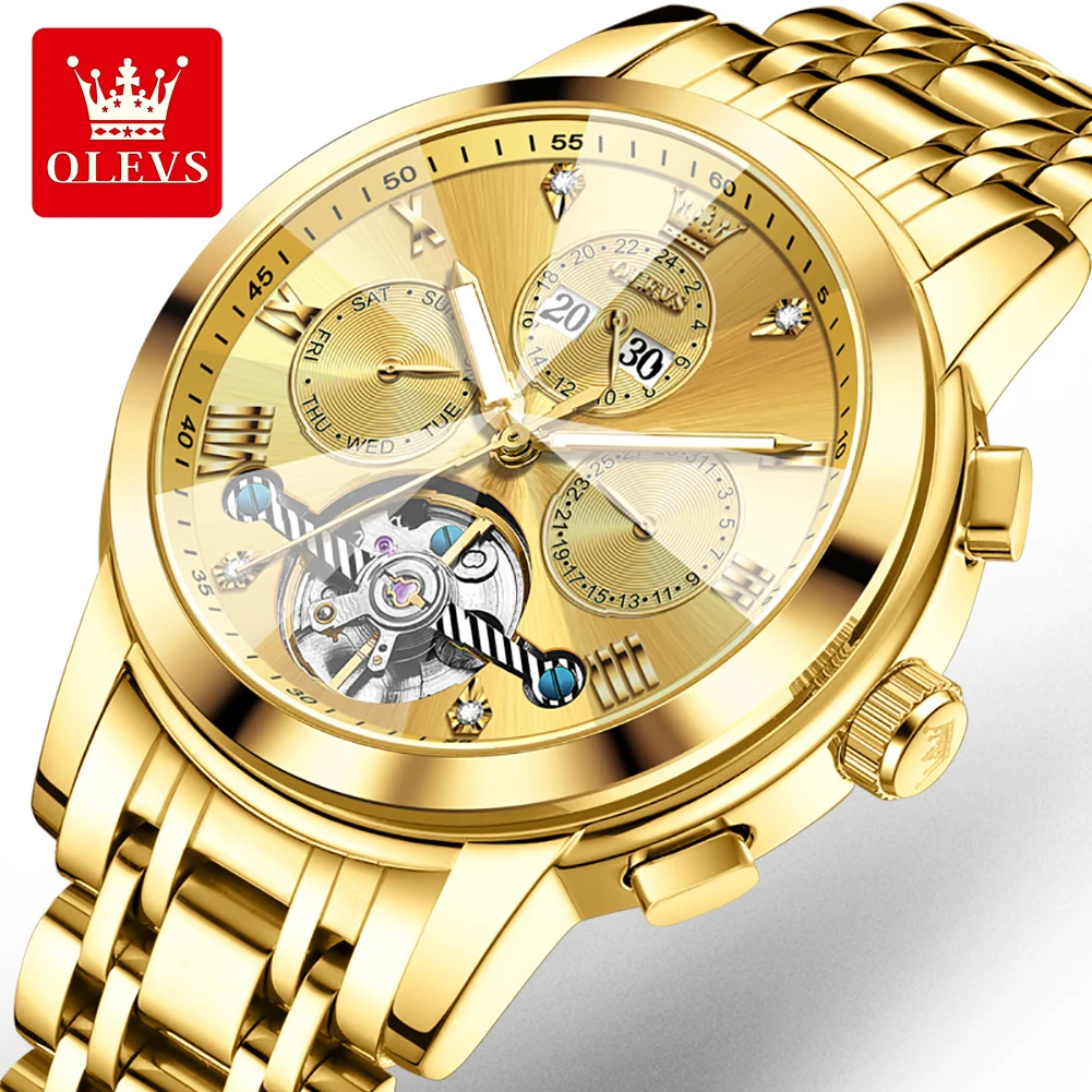 OLEVS Automatic Mechanical Watches for Men Stainless Steel Skeleton Flywheel Perpetual Calendar Rhombus Mirror Luxury Man Watch