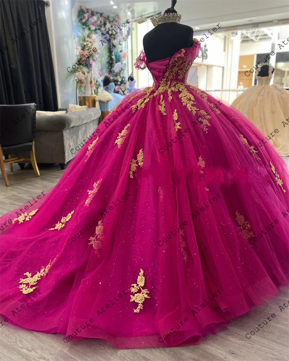 Gold Beaded Lace Appliques Dark Pink Quinceanera Dresses Ball Gown Sweet 15 Dress Off The Shoulder Wedding Gowns vestidos