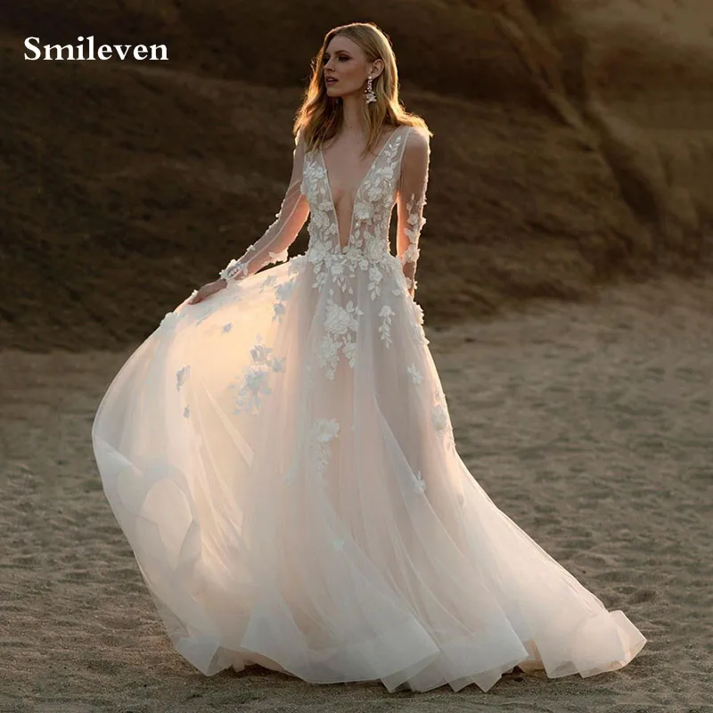 

Smileven Lace Boho Wedding Dress A Line Long Sleeve Deep V Neck Bride Dresses Robe De Mariee 3D Lace Appliques Wedding Gowns