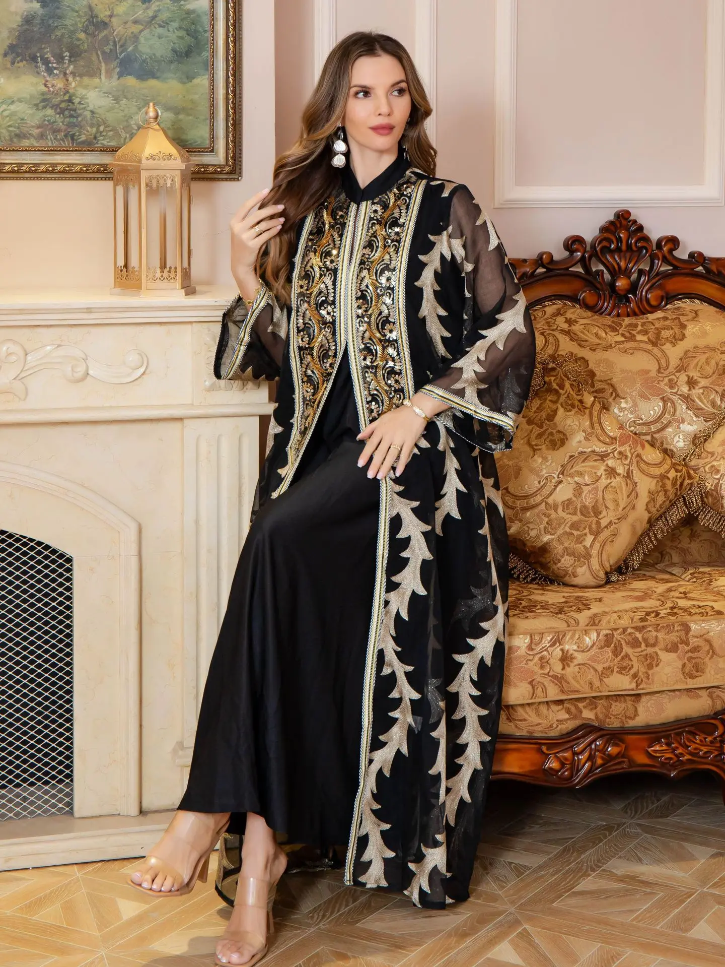 

‌2025 Summer Heavy Embroidered Mesh Abaya - Dubai Party Robe, Muslim Women's Long Dress, Elegant Arabian Thobe