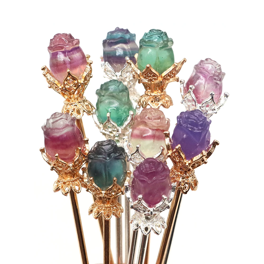 Retro Hair Clips Pins Women Crystal Hair Sticks Natural Stone Rose Hairpin Classic Ethnic Girl Hair Accessories Jewelry Gifts