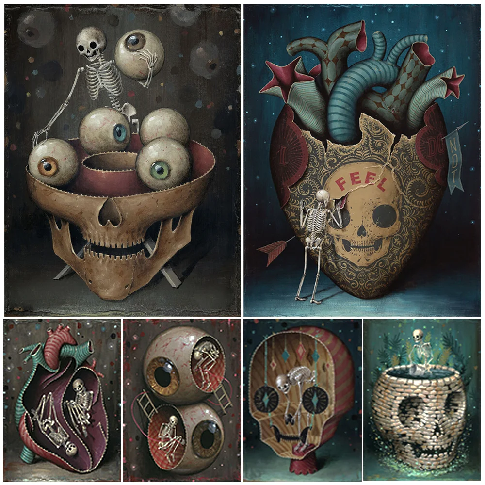

Skeleton House Surreal Fantasy,Wall Art Canvas Painting,Skeletons In The Left And Right Ventricles,Gothic Art Poster Print Decor