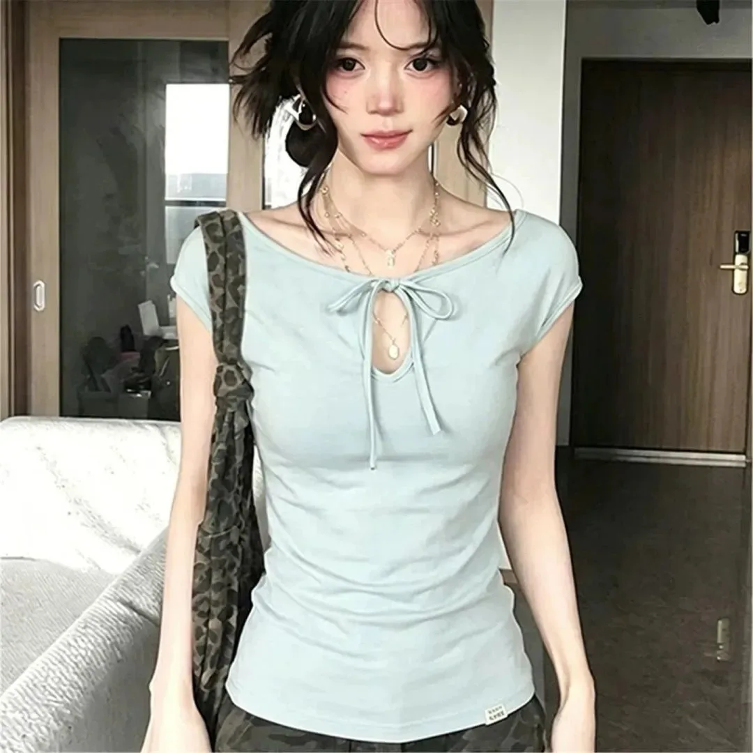 Women T-shirt Purple Hollow Out Lace Up Short Sleeve Slim Waist Tees Summer Simple Solid Y2k Aesthetic Spicy Crop Top