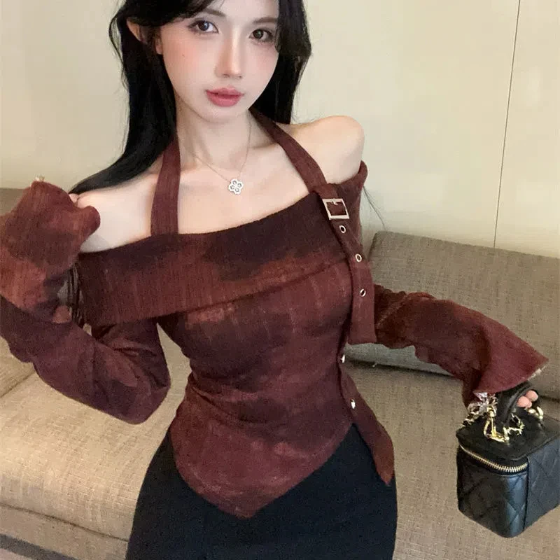 Hot Girl Hanging Neck Off Shoulder Long Sleeved T-shirt for Women New Niche Slim Fit and Slimming Short Top