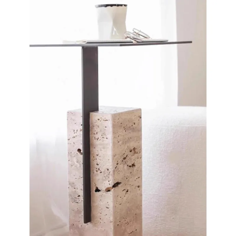 

French Wabi-Sabi Natural Beige Travertine Side Table, Designer Mini Coffee Table for Living Room, Sofa & Bedroom