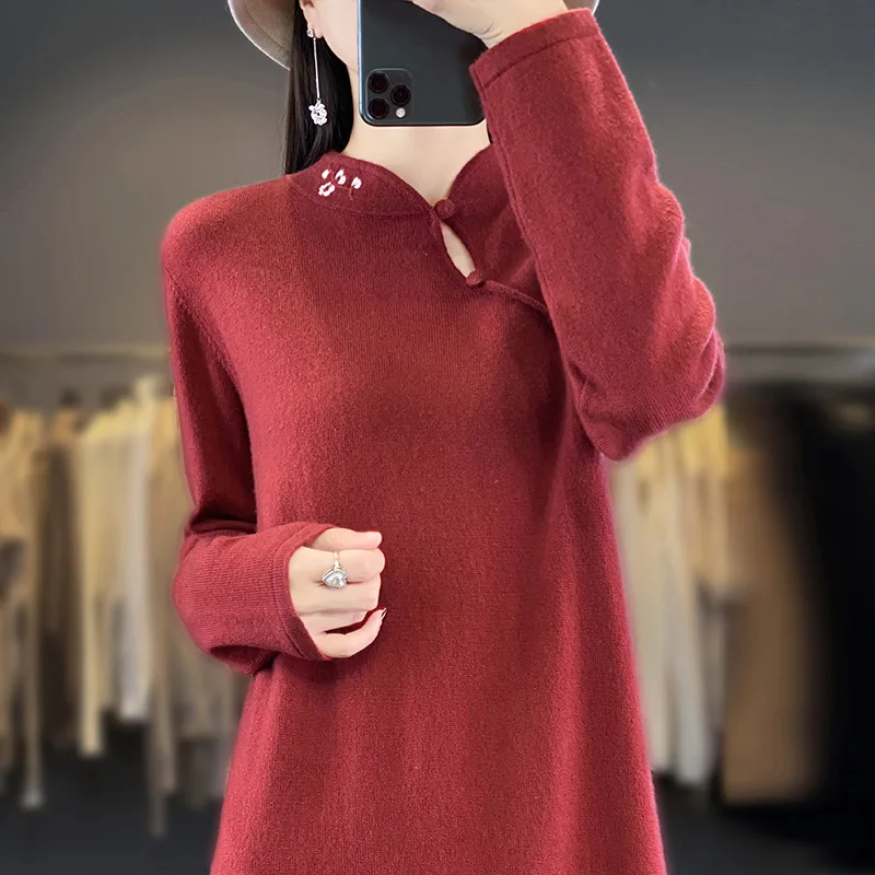 High Quality Women Loose Dress 100% Cashmere and Wool Knit V-neck Jumpers 2023 New Fashion Winter Lady  Pullovers NJ01