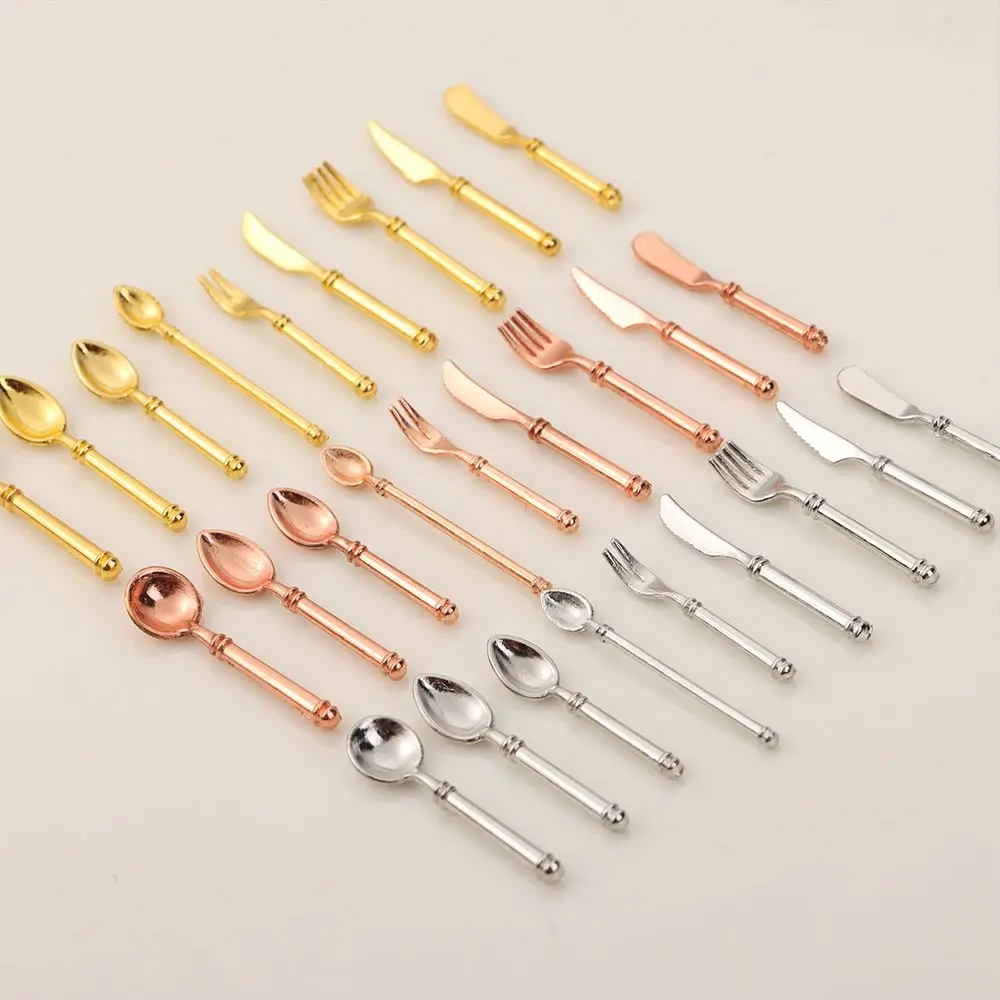 9PCS Gold Silver Dollhouse Furniture Kitchen Tableware Doll Accessories Fork Knife Spoon Cookware Simulation Mini Cutlery