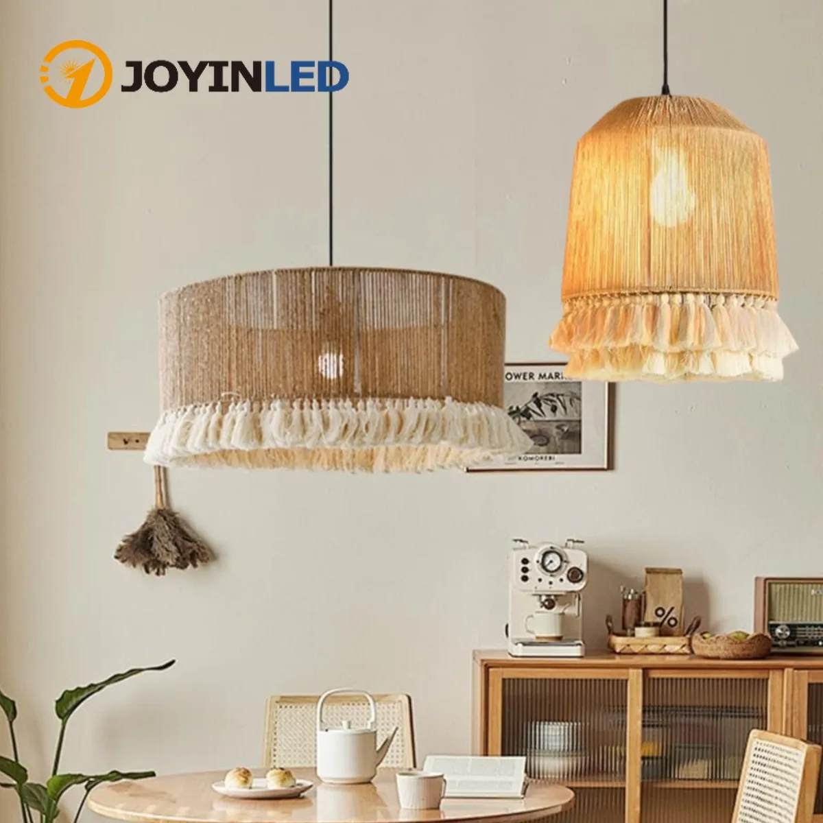 JOYINLED Hemp Rope Pendant Lamp with Fringe Tassel Boho Farmhouse Hanging Light E27 Home Decor Lamp Living Room Bedroom Lighting