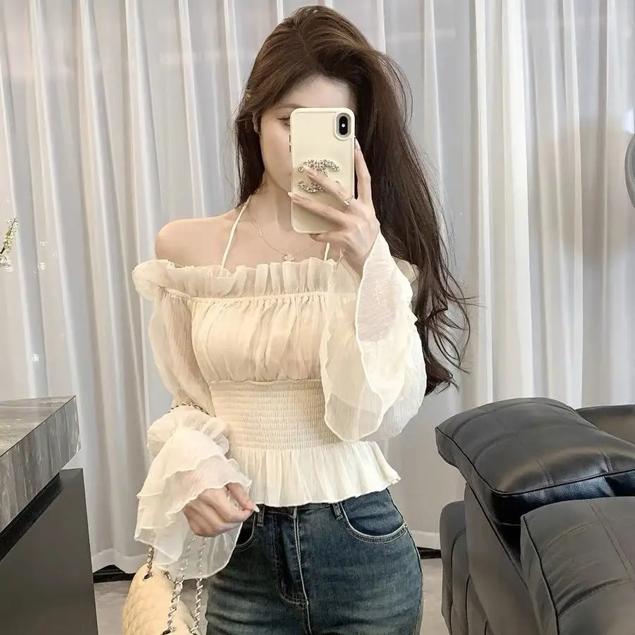 

Gentle Halter Chiffon Blouse Women Flare Sleeve Waisted Ruffle Short Tops Spring Summer Temperament Slim Fit Lady Shirt