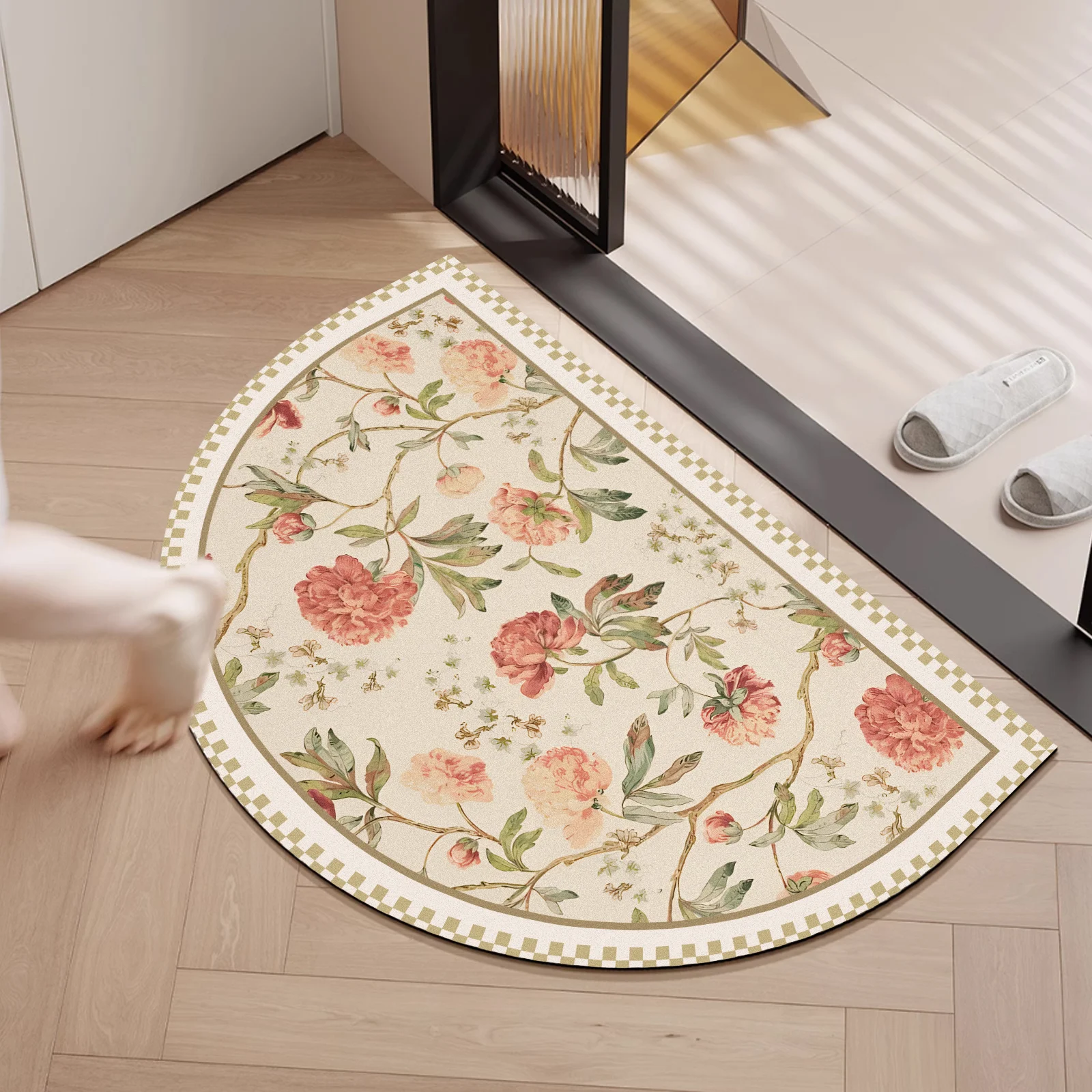 Rubber Bathroom Anti-Slip Floor Mat, Water-Absorbing and Quick-Drying Floor Mat, Half Circular Floral Printed Floor Mat