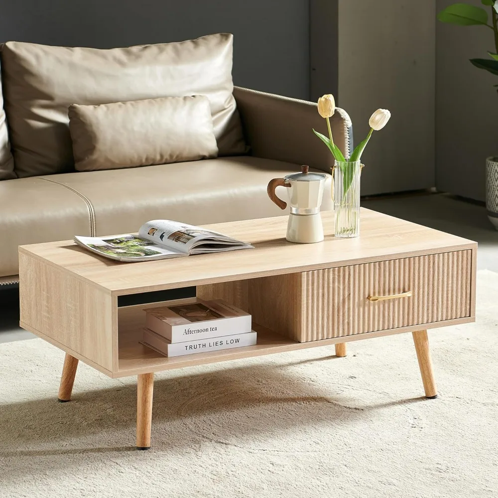 

Mid Century Wooden Coffee Table with Stripe Drawer，Modern 41" Large Center Table with Storage，Rectangular Light Wood Coffee Tabl