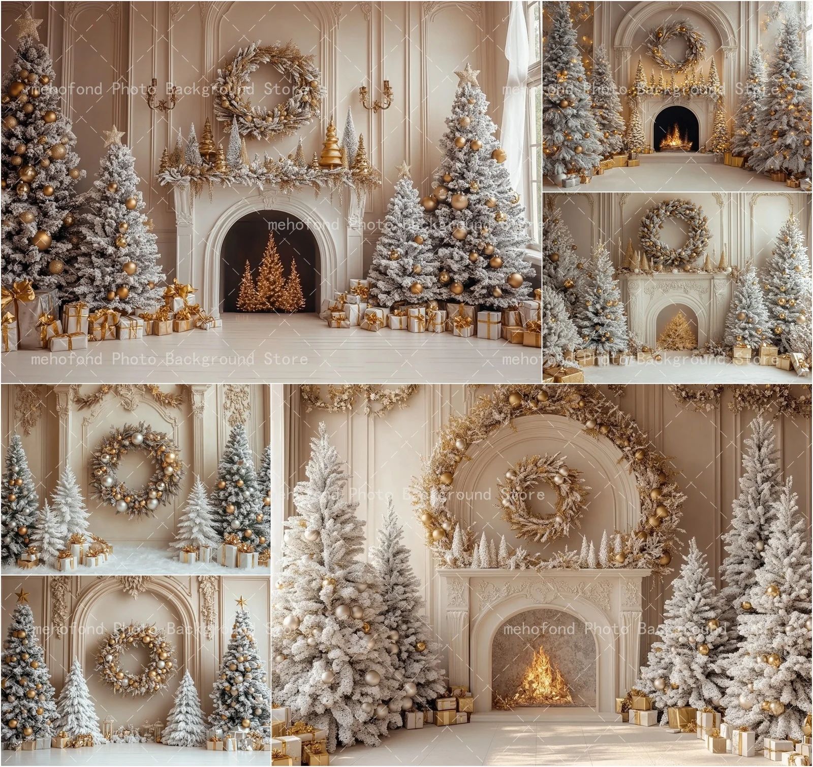 Mehofond Photography background Winter Christmas Fireplace Flame Gold Spherical Ornament Kids Family Portrait Backdrop Decor