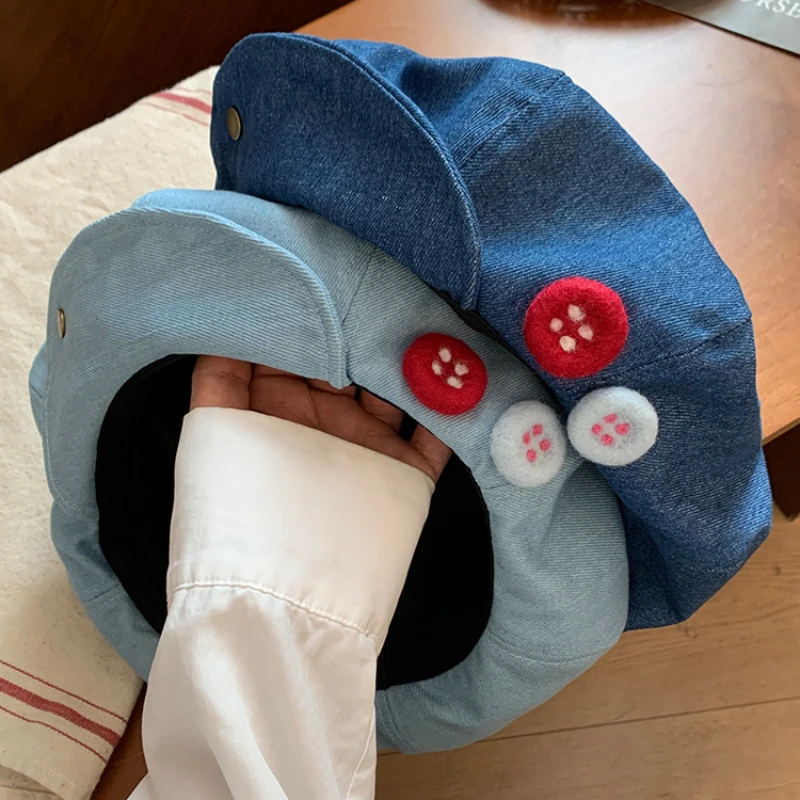 Personalized Felt Button Design Oversized Denim Berets for Women Summer Ins Korean Versatile Show Face Small Cloud Painter Hat