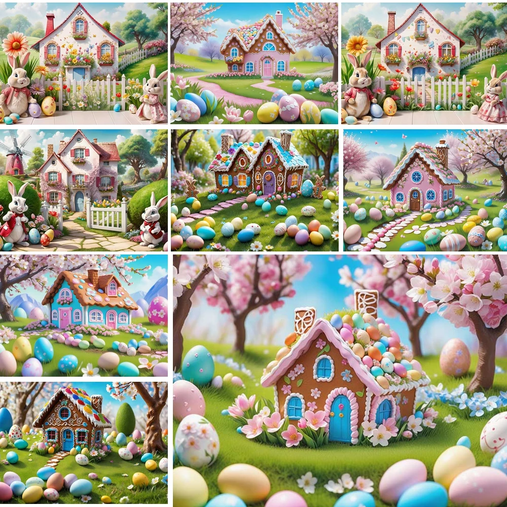 

MOON.QG Easter Candy House Village Backdrop Cottages Cherry Blossom Tree Props Egg Path Photography Background Poster Photoshoot