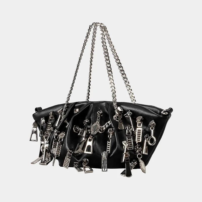 

Multi Zipper Head Decoration Women's Shoulder Bags Spicy Girl Handbags Punk Style Ruched Dumpling Armpit Bag