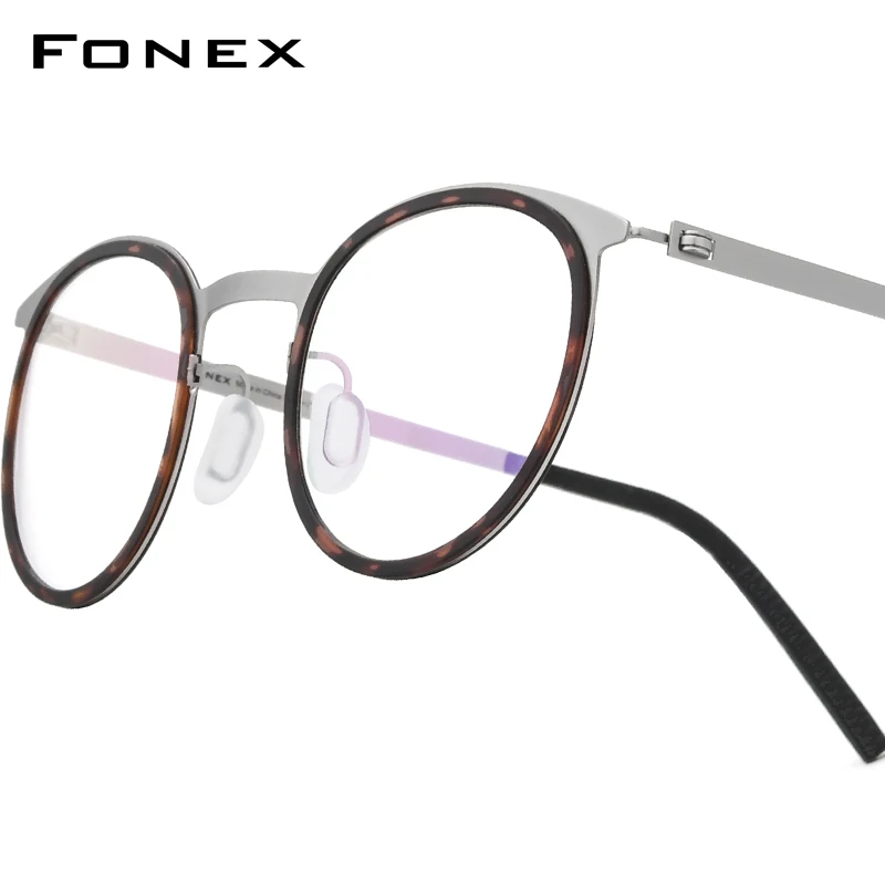 

FONEX Acetate Alloy Glasses Frame Men New Brand Design Vintage Round Eyeglasses Screwless Denmark Korean Ultralight Eyewear 1012