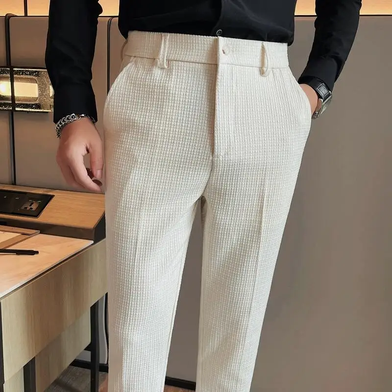 Men\'s Waffle Casual Pants Fashion Korean Stretch Waist Business Formal Pants Mens Social Party Suit Pants Streetwear Pencil Pant