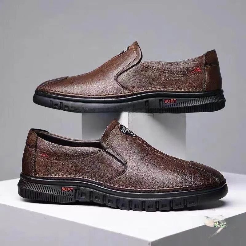 Men's Soft Leather Slip-On Driving Casual Shoes Spring Summer New Style Work Single Shoes round Toe EVA Inner Spring Autumn