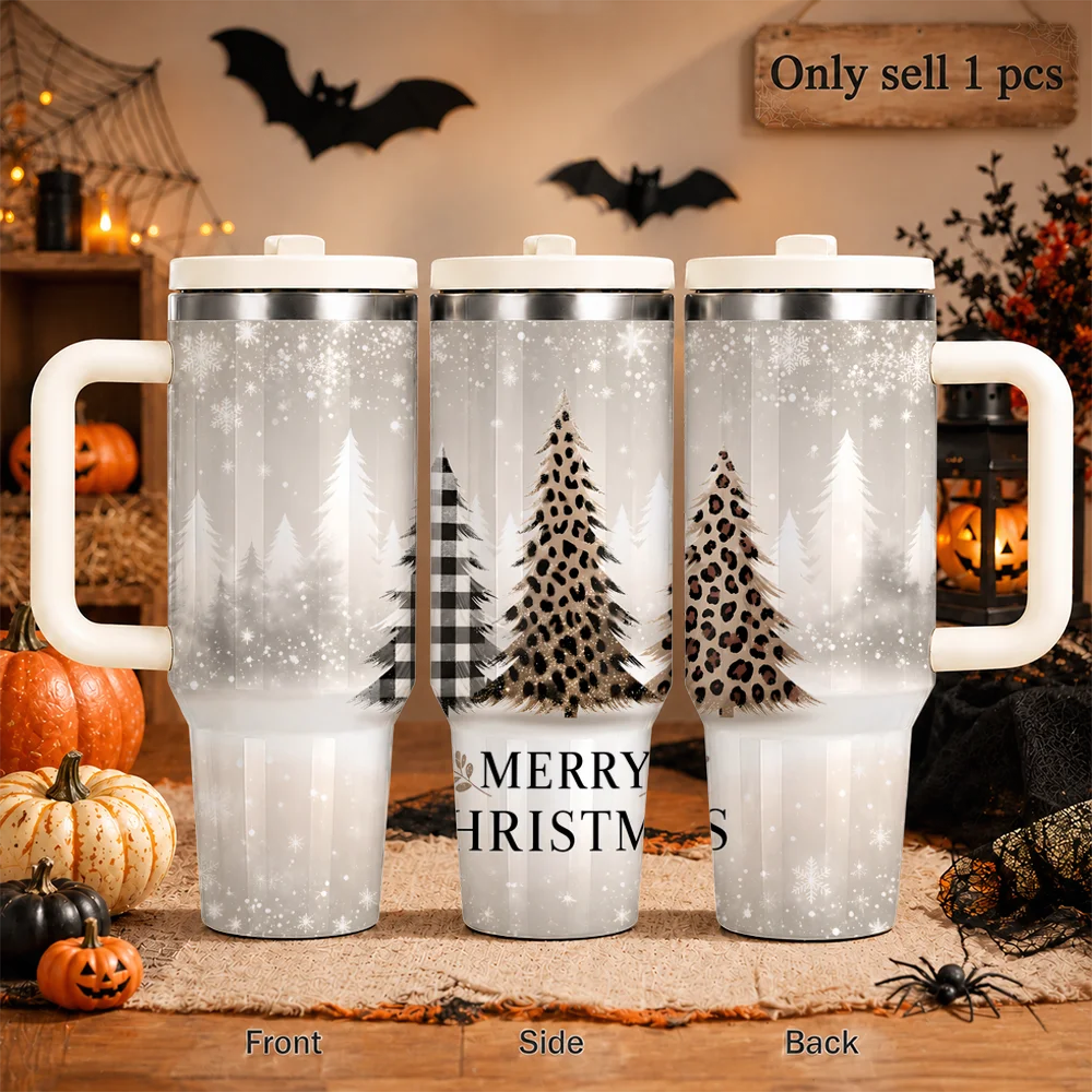 Neutral Vintage Leopard Print Winter Vacuum Flasks 40oz Insulated Tumbler Handle Straw Lid Leakproof Stainless Steel Travel Cup