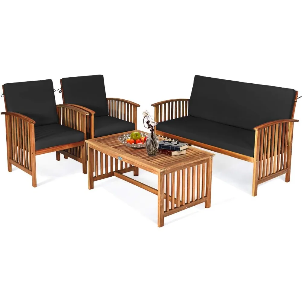 Outdoor 4 PCS Acacia Wood Sofa Set w/Water Resistant Cushions, Padded Patio Seating Chat Set w/Coffee Table for Garden