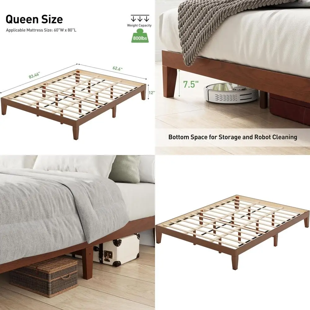 

12-дюймовая деревянная кровать-платформа размера Queen с ламельным основанием, не требует пружинного блока, простая сборка