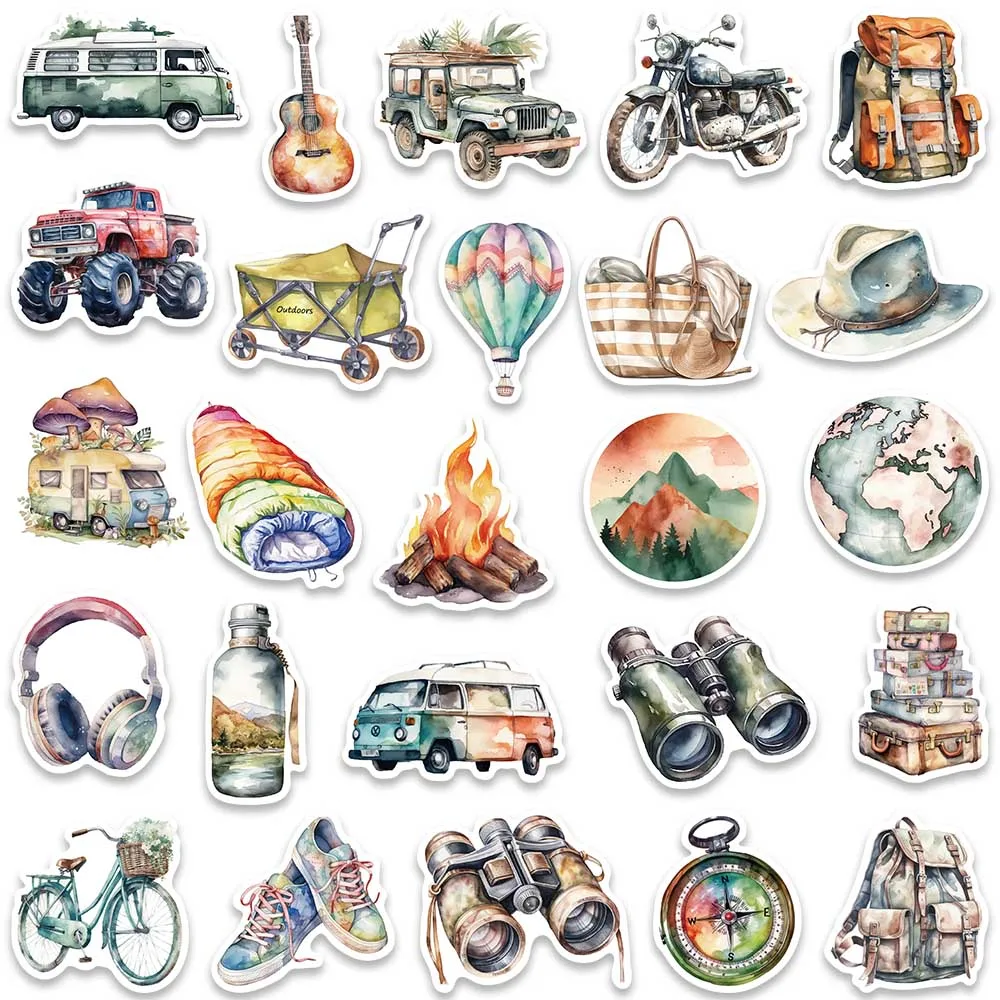 50pcs Cartoon Watercolor Outdoor Travel Camping Stickers For Laptop Phone Luggage Water Bottle Bicycle Car Vinyl Decals