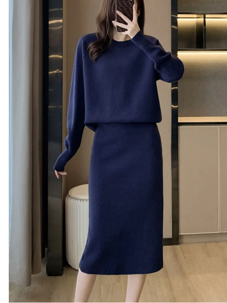 Minimalism Solid Knitted Two Piece Sets Women Outfits Elegant Raglan Sleeve Loose Sweater and Split Mid Skirt Sets