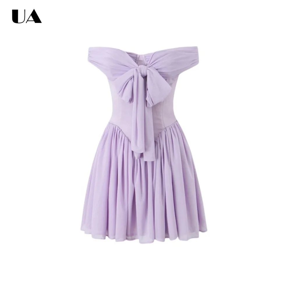 

Мини-платье с вырезом-лодочкой, бантом и драпировкой, модное короткое платье-клеш для женщин, стильное платье с открытыми плечами на молнии