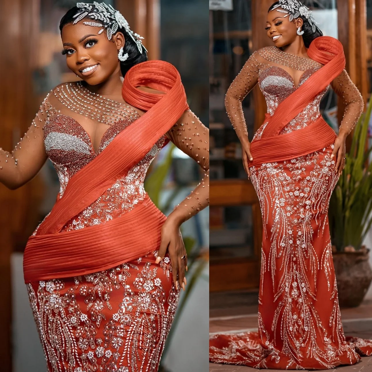 

Burnt Orange Mermaid 2025 Prom Dresses Beaded Crystals Sequined Stylish Evening Formal Party Birthday Gowns Dresses ZJ2634