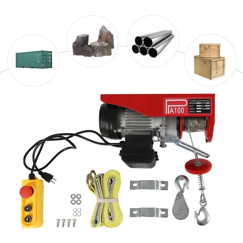 Lift 110V electric hoist, 220lbs electric winch with remote control and single/double sling, used for factory lifting