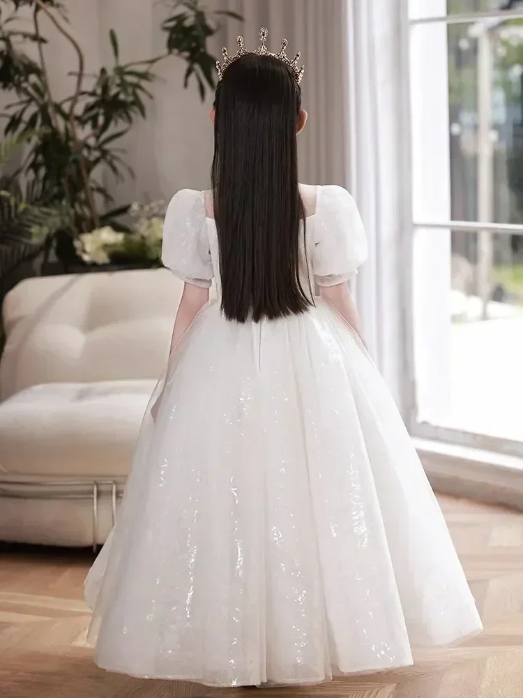 Robe de spectacle de piano pour enfants, robe de princesse d'hôte de petite fille, robe de fête d'anniversaire de fille, voile blanc de fleur