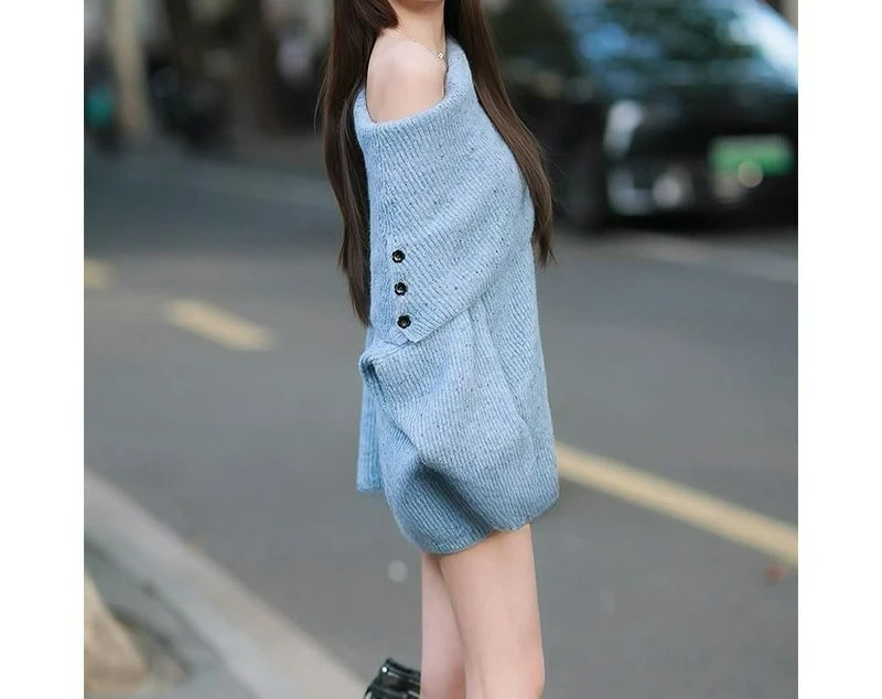 كلمة واحدة الكتف سترة المرأة الخريف والشتاء مزاجه الأزرق طويلة الأكمام محبوك سترة فضفاضة ورقيقة كسول #4