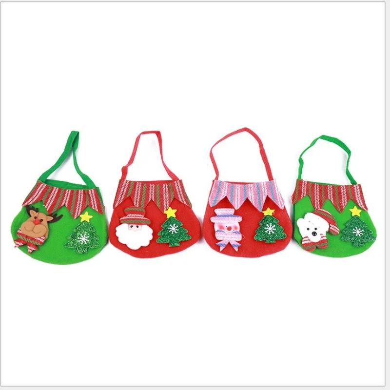 10pcs Festive Children Kids Cartoon Santa Claus Snowman Bear Deer Non-woven Fruit Candy Gifts Green Red Bag Christmas