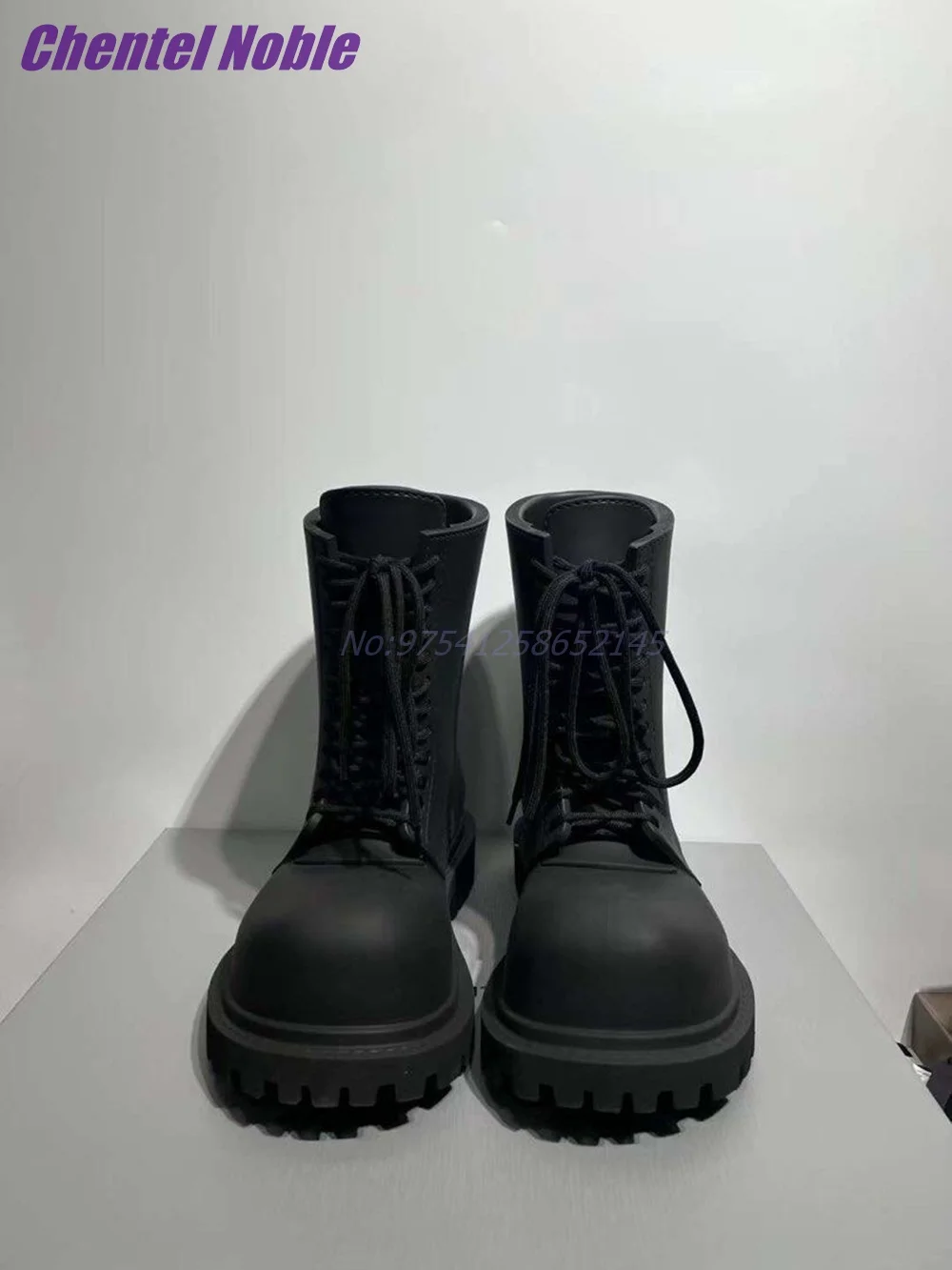 Big Round Toe Thick Boots Lace-up Flat Solid Black Punk Street Neutral Boots Fashion Novelty Designer Hot Mid-calf Shoes Niche