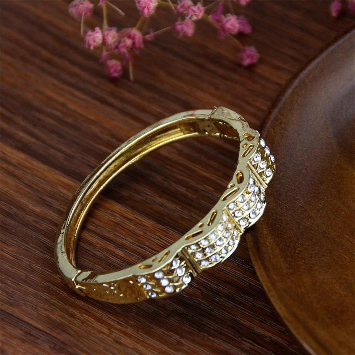 A Lady Full Rhinestone Golden Bangle Girl Alloy Bracelet Moroccan Bridal Wedding Jewelry