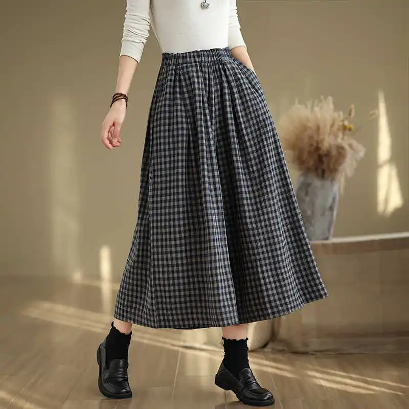 716 Spring Summer Elegant Vintage Style Plaid Pants For Women Elastic High Waist Loose Casual Wide Leg Female Trouser Clothing