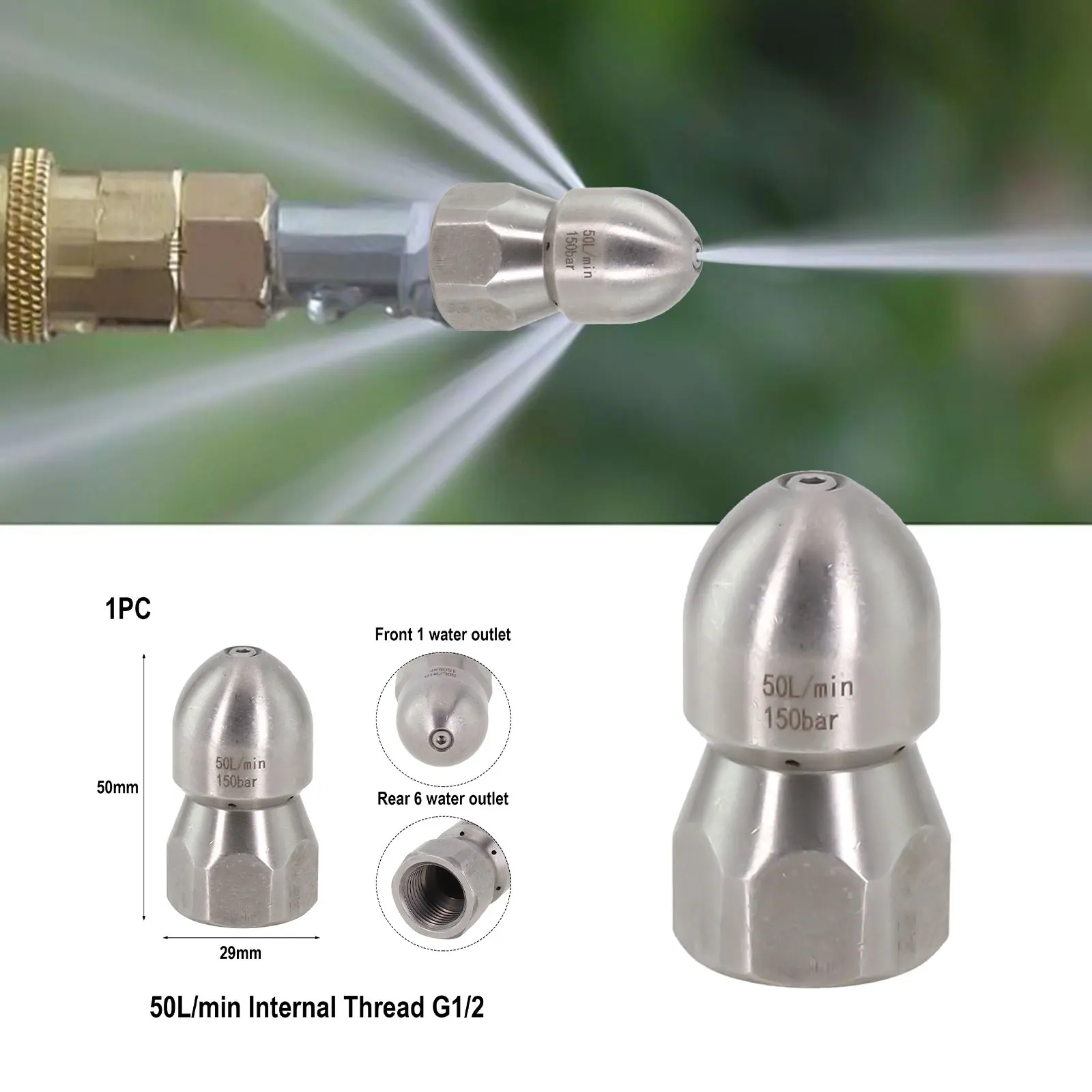 Cleaning Nozzle for High Pressure Machines Featuring 12 Internal Thread Front and Rear 6 Holes for Thorough Dirt Removal