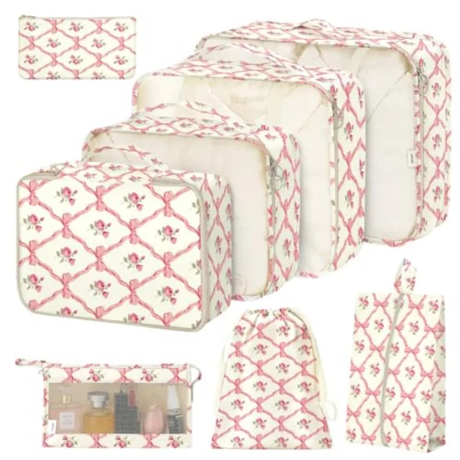 

8 Set Packing Cubes for Suitcases with Shoe Cosmetics Clothing Accessories Bags Travel Luggage Organizer in Bow Flowers Color f