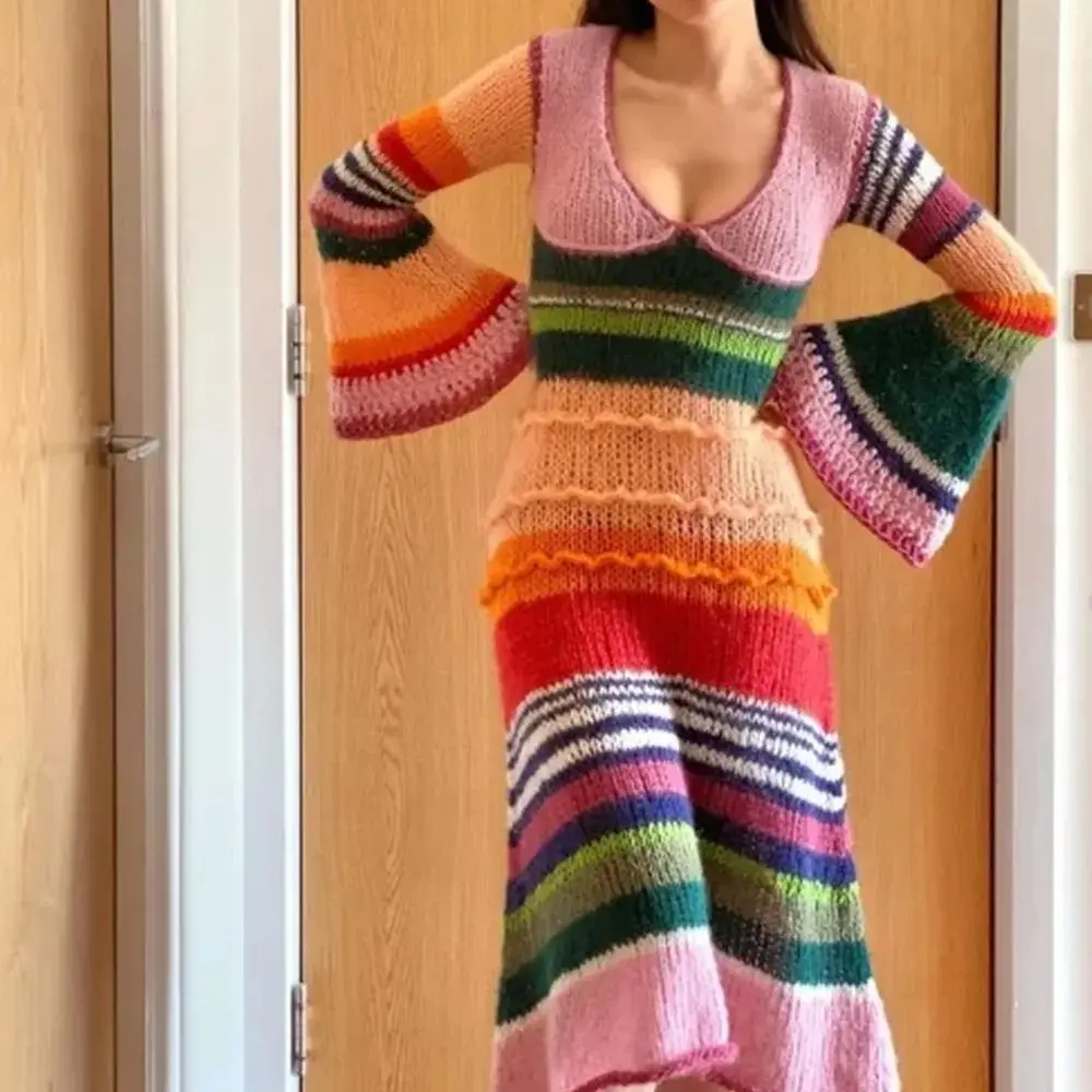 Maheimao-Large V-neck Flare Sleeves Pullover, Woolen Dress, Colorful Knitwear Small and Fresh, High End Customized, Spring, 2024