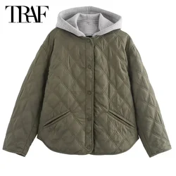 TRAF Armygreen Oversized Jacket Outerwears 2024 Women's Autumn Winter Long Sleeve Hooded Coats Ladies Fashion Casual Office Coat