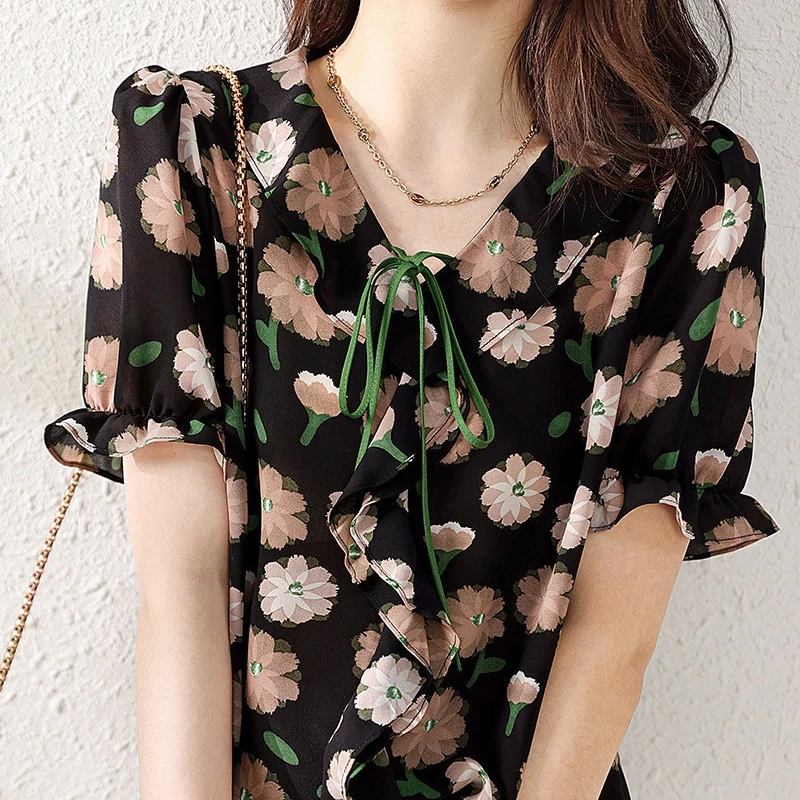 

Printed Design Ruffled Chiffon Blouse for Women Summer Thin Style Loose Casual Slimming Short Sleeves