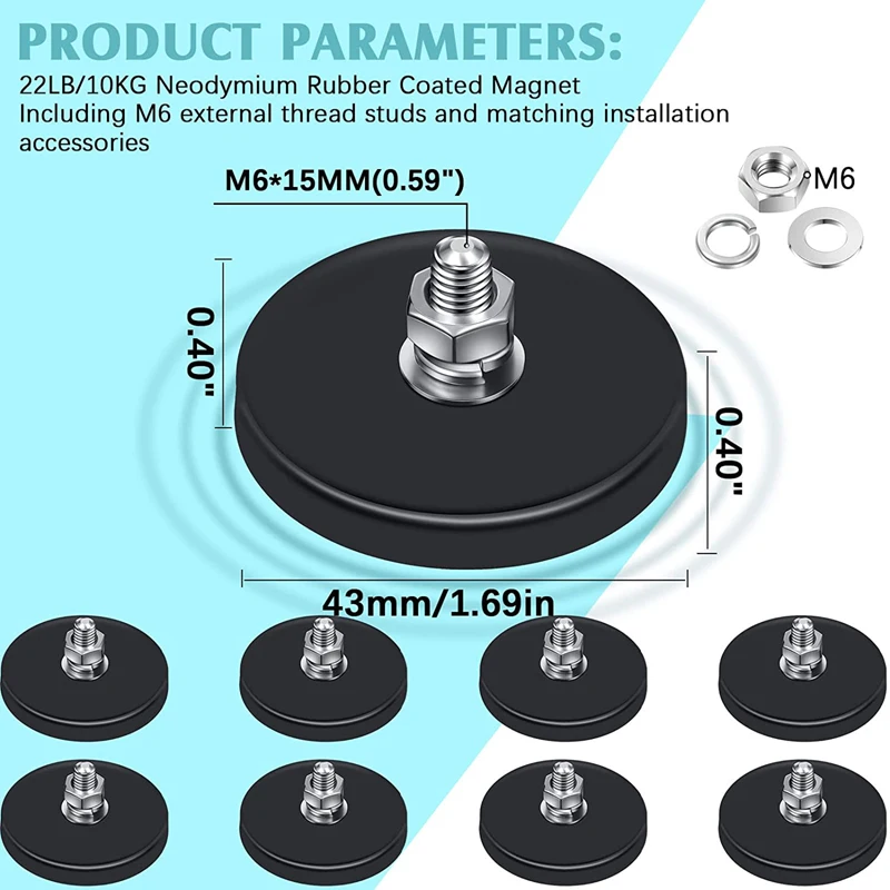 10/8/6 Rubber Coated Magnet 22LBS Neodymium Magnet Base with M6 Threaded Studs and Nuts Strong Flag Magnet Mount Base with Black