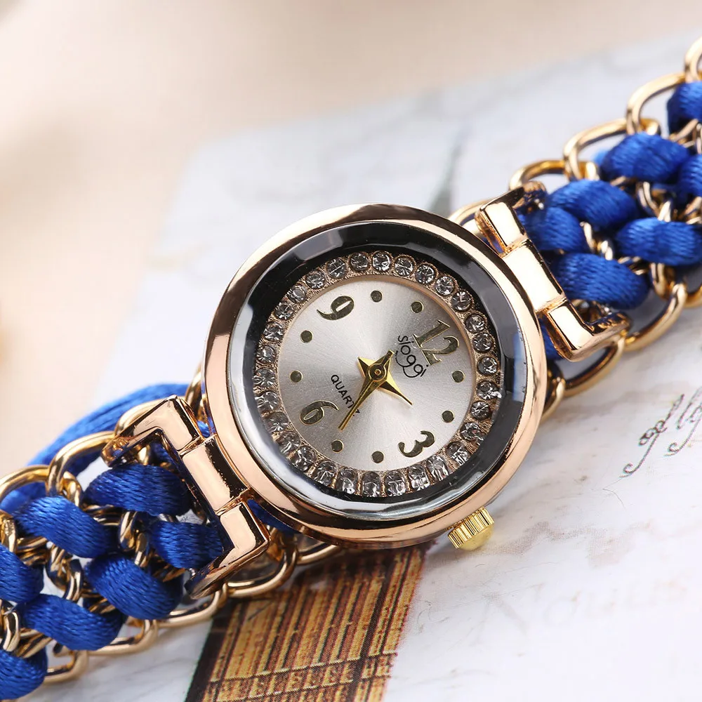 Popular Braided Rope Watch Fashion Women Quartz Watch Sparkling Rhinestone Adjustable Strap Gold Trim Trendy Wristwatch