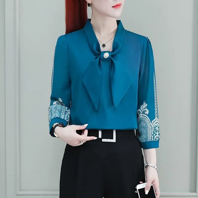 Lace Spliced Fashion Solid Chiffon Blouses Women\'s Clothing New Commute All-match Female Beading Long Sleeve Scarf Collar Shirt