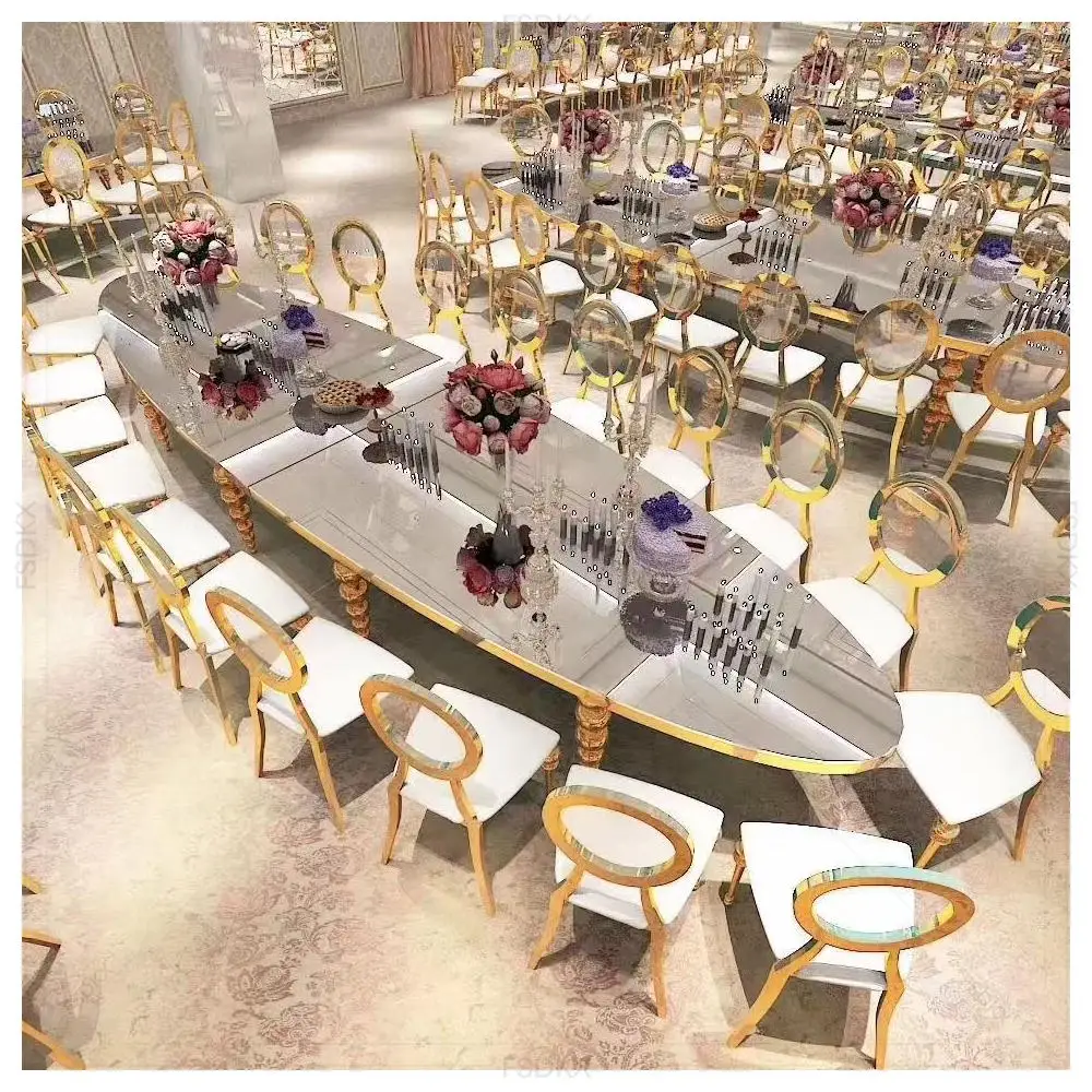 FSDKX Hotel Furniture Luxury Gold Glass Oval Wedding Tables for Groom and Bride